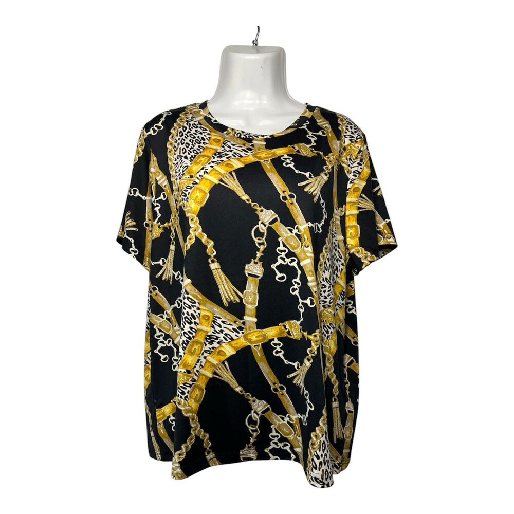 Gemstone Graphic Tee Shirt 1X Black Gold Baroque Chain Animal Print Work Blouse